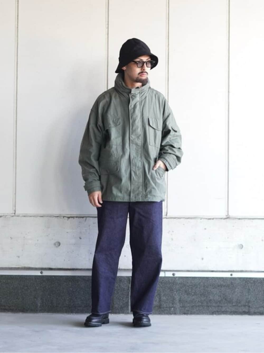 「デニム、ミリタリー、サングラス、ハット、ロンT、レザーシューズ、KIJIMA TAKAYUKI、シンプルコーデ、PORT BY ARK、ポートバイアーク」｜「PORT BY ARKのPORT BY ARK / ポートバイアーク：【ONLY ARK】KIJIMA TAKAYUKI for PORT BY ARK 6 Panel Hat：24201-PBA[COR]（ハット、ブラック系）」を使った、ARKnets STAFFさん（メンズ・170cm）の冬コーディネートの1枚目の写真