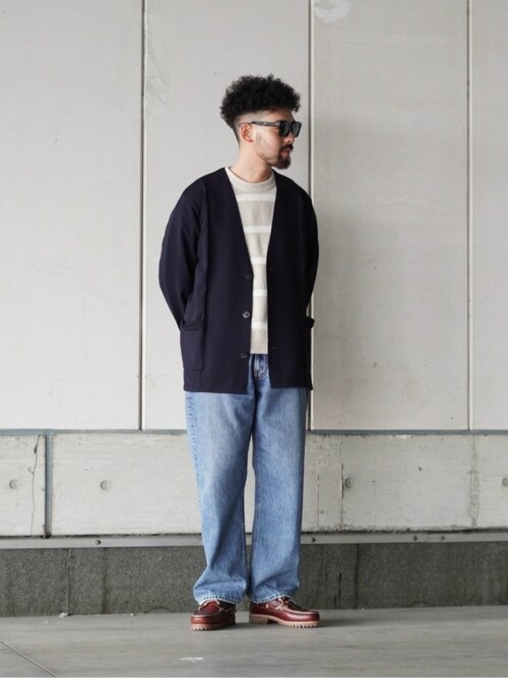 「orslow、Timberland、ニットジャケット、EFFECTOR、BALLAST ARK、バラストアーク、XOLO JEWELRY」｜「BALLAST ARKのBALLAST ARK / バラストアーク：ECO BLUE KNIT JACKET：BA11-KJ01[AST]（ノーカラージャケット、ブルー系）」を使った、ARKnets STAFFさん（メンズ・170cm）の春コーディネートの1枚目の写真