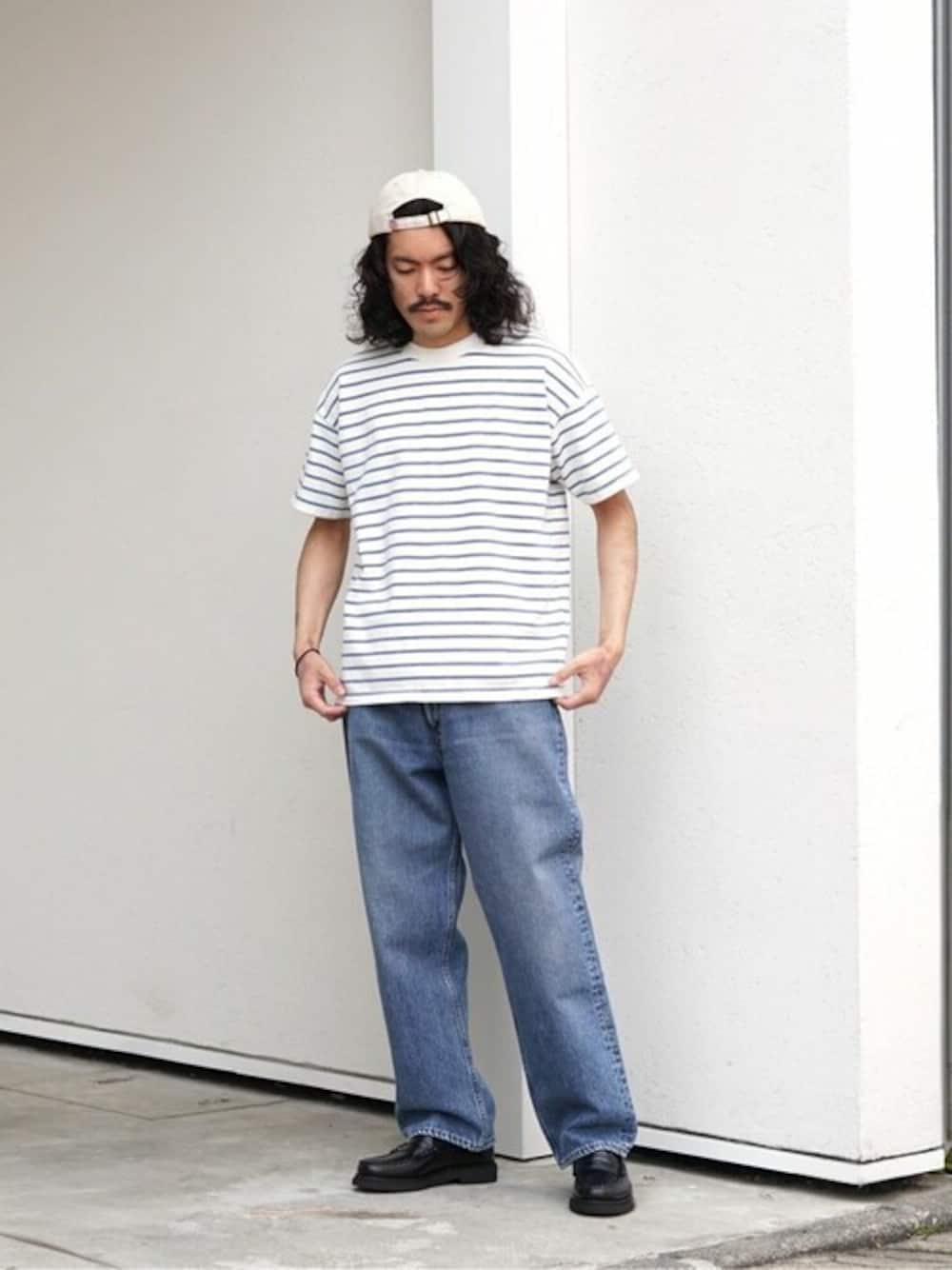「デニム、ボーダー、Tシャツ、ローファー、orslow、デニムパンツ、レミレリーフ、夏コーデ、G.H.BASS、ボーダーTシャツ」｜「REMI RELIEF NAVY LABELのREMI RELIEF NAVY LABEL / レミレリーフネイビーレーベル：INDIGOボーダーT：RN28369080AK[STD]（Tシャツ/カットソー、ブルー系）」を使った、ARKnets STAFFさん（メンズ・172cm）の夏コーディネートの1枚目の写真