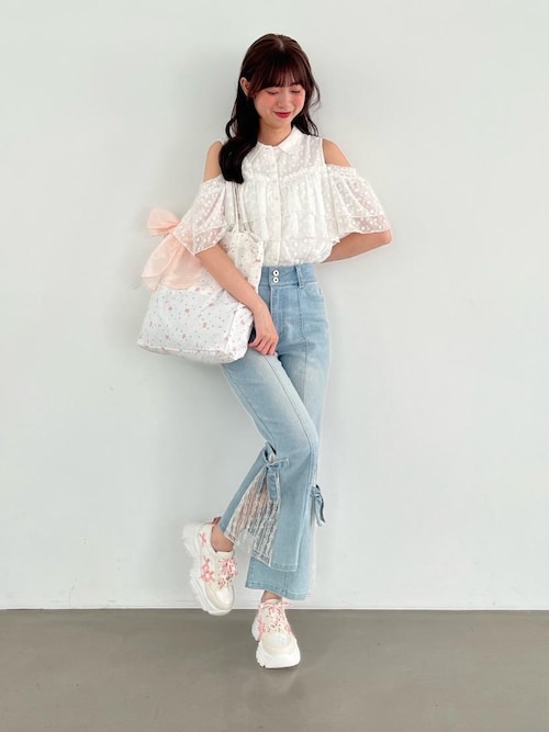 セール】レースベルトセット裾リボンデニム（デニムパンツ）｜MAJESTIC