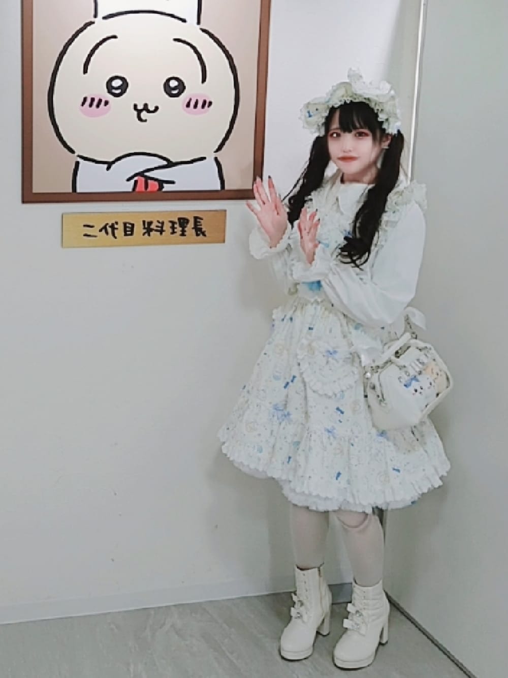 「ハンドメイド、自作、自作アイテム、ロリータ、ロリィタ、推し活コーデ、ちいかわ、ちいかわコーデ、痛バッグ、春めき満開コーデ」｜「Handmadeのアイテム（ジャンパースカート、ホワイト系）」を使った、ねむりさん（レディース・155cm）の春コーディネートの1枚目の写真