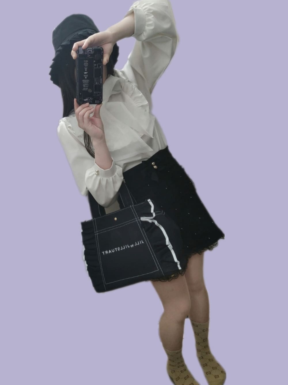 「量産型、フレンチガーリー、モノトーン、ロマンチック、ガーリー、フリルトート、バケットハット、プチプラ」｜「JILL by JILL STUARTのアイテム（ハンドバッグ、ブラック系）」を使った、ねむりさん（レディース・155cm）の夏コーディネートの1枚目の写真