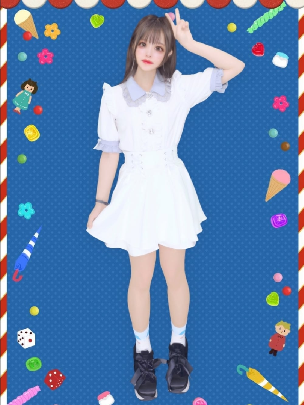 「夏、量産型、推し活、参戦服、ライヴ参戦、水色×白、白、水色」｜「DearMyLoveのアイテム（シャツ/ブラウス、ホワイト系）」を使った、ねむりさん（レディース・155cm）の秋コーディネートの1枚目の写真