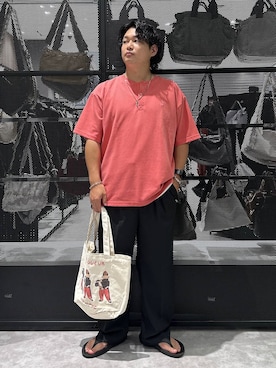「LAKOLE（ラコレ）のベルト付トラウザー2 / 1042747（スラックス、ブラック系）」を使った、Mikiyaさん（メンズ・168cm）の夏コーディネート