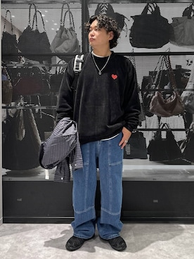 「LAKOLE（ラコレ）の切替ダブルニーデニムパンツ / 1051130（デニムパンツ、ブルー系）」を使った、Mikiyaさん（メンズ・168cm）の秋コーディネート
