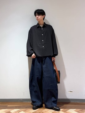 「RAGEBLUE（レイジブルー）の【LUXURY＋EASY】＜イージーケア＞BALLOON SLEEVE STRIPED SHIRTS/ラグイージー袖バルーンストライプ柄シャツ（シャツ/ブラウス、ブラック系）」を使った、りょーやさん（メンズ・180cm）の秋コーディネート