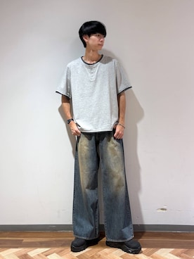 「RAGEBLUE（レイジブルー）のHENLEY NECK FAKE LAYERED T-SHIRTS/フェイクレイヤードヘンリーネックTシャツ（Tシャツ/カットソー、グレー系）」を使った、りょーやさん（メンズ・180cm）の夏コーディネート