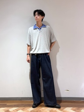 「RAGEBLUE（レイジブルー）のDOCKING SKIPPER KNIT POLO SHIRTS/ドッキングスキッパーニットポロシャツ（ポロシャツ、グレー系）」を使った、りょーやさん（メンズ・180cm）の夏コーディネート