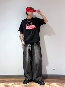 「RAGEBLUE（レイジブルー）のカラーデザインCAP（キャップ、レッド系）」を使った、りょーやさん（メンズ・180cm）の夏コーディネート