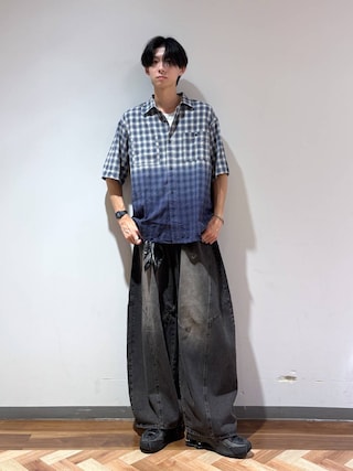 「RAGEBLUE(レイジブルー)のGRADATION CHECK OVERSIZED SHIRTS/グラデーションチェック/オーバーサイズシャツ(シャツ/ブラウス)」を使った、りょーやさん(メンズ・180cm)の夏コーディネート