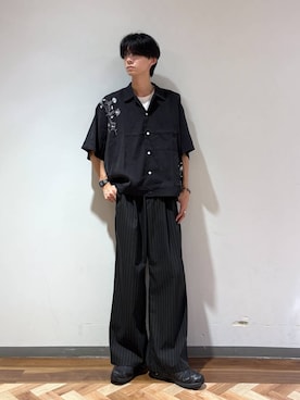 「RAGEBLUE（レイジブルー）の＜接触冷感＞COOL FEELING TR WIDE STRAIGHT SLACKS/TRワイドストレートスラックス（スラックス、ブラック系）」を使った、りょーやさん（メンズ・180cm）の夏コーディネート
