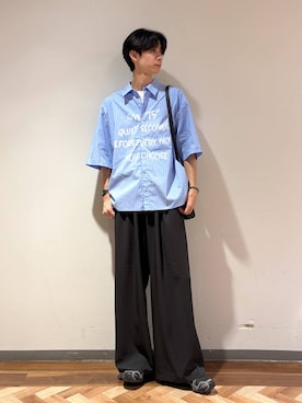 「RAGEBLUE（レイジブルー）のLETTERED LOGO STRIPE LOOSE SHIRTS/レタードロゴストライプルーズシャツ（シャツ/ブラウス、ブルー系）」を使った、りょーやさん（メンズ・180cm）の夏コーディネート