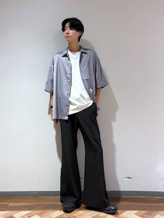 「RAGEBLUE(レイジブルー)のBACK CHAIN SATIN OPEN COLLAR SHIRTS/バックチェーンサテンカイキンシャツ(シャツ/ブラウス)」を使った、りょーやさん(メンズ・180cm)の夏コーディネート