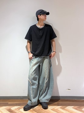 「RAGEBLUE（レイジブルー）のHENLEY NECK FAKE LAYERED T-SHIRTS/フェイクレイヤードヘンリーネックTシャツ（Tシャツ/カットソー、ブラック系）」を使った、りょーやさん（メンズ・180cm）の夏コーディネート