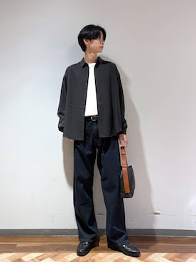 「RAGEBLUE（レイジブルー）の【LUXURY＋EASY】＜イージーケア＞TIED UP OVERSIZED DRAPE SHIRTS/ラグイージータイ付きオーバーサイズシャツ（シャツ/ブラウス、ブラック系）」を使った、りょーやさん（メンズ・180cm）の秋コーディネート