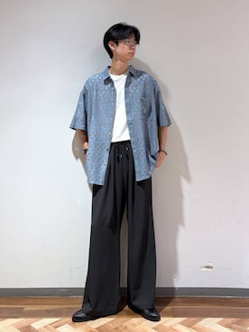「RAGEBLUE（レイジブルー）のDESIGN LACE KNITTING SHIRTS/デザインレース柄シャツ（シャツ/ブラウス、ブルー系）」を使った、りょーやさん（メンズ・180cm）の夏コーディネート