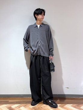 「RAGEBLUE（レイジブルー）のINVERTED PLEATS WIDE SLACKS/インバーテッドプリーツワイドスラックス（スラックス、ブラック系）」を使った、りょーやさん（メンズ・180cm）の秋コーディネート