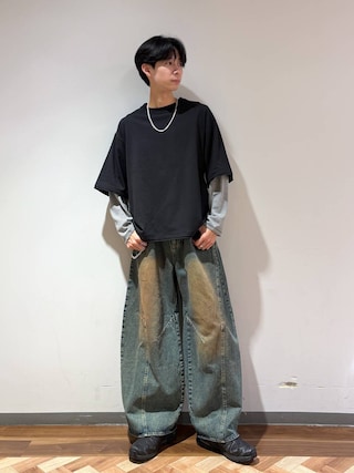 「RAGEBLUE(レイジブルー)のSTRIPED SLEEVE FAKE LAYERED LONG SLEEVE T-SHIRT/袖ボーダーフェイクレイヤードロンT(Tシャツ/カットソー)」を使った、りょーやさん(メンズ・180cm)の秋コーディネート