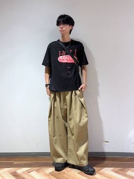 「RAGEBLUE（レイジブルー）の＜接触冷感/吸水速乾＞PHOTOGRAPHIC PRINT T-SHIRT/フォトグラフィックプリントTシャツ（Tシャツ/カットソー、ブラック系）」を使った、りょーやさん（メンズ・180cm）の夏コーディネート
