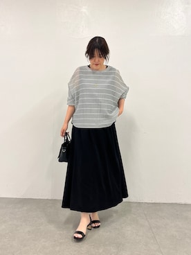 「LIVETART（リヴェタート）のシアーボーダーシャツTee（シャツ/ブラウス、グレー系）」を使った、sudohさん（レディース・160cm）の春コーディネート