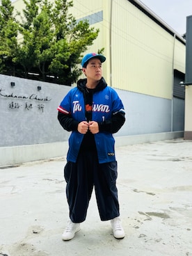 「EBBETS FIELD FLANNELS（エベッツフィールドフランネルズ）のアイテム（キャップ、ブルー系）」を使った、Ú-Sêng Tânさん（メンズ・167cm）の春コーディネート