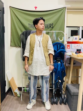 「SYNDRO（シンドロ）のアイテム（トップス）」を使った、Ú-Sêng Tânさん（メンズ・167cm）の夏コーディネート