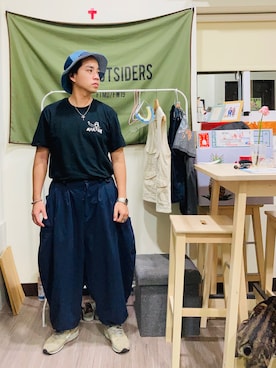 「SYNDRO（シンドロ）のアイテム（帽子）」を使った、Ú-Sêng Tânさん（メンズ・167cm）の夏コーディネート