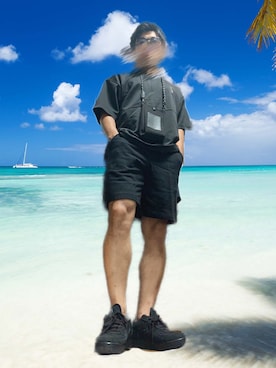 「STUSSY（ステューシー）のSTUSSY × NIKE AIR FORCE 1 LOW "TRIPLE BLACK"（スニーカー、ブラック系）」を使った、メガネさん（メンズ・171cm）の夏コーディネート