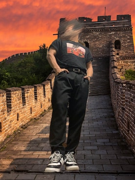 「Carhartt（カーハート）のアイテム（Tシャツ/カットソー、ブラック系）」を使った、メガネさん（メンズ・171cm）の夏コーディネート