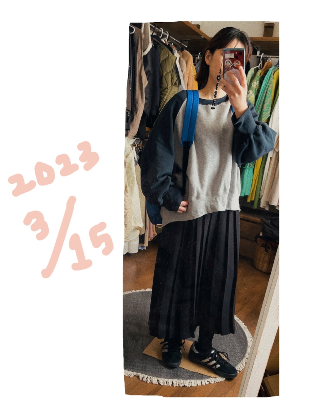 「今日のコーデ、ootd、低身長コーデ」｜「adidasのGAZELLE INDOOR　ID0988（スニーカー、ブラック系）」を使った、こがさん（レディース・152cm）の春コーディネートの1枚目の写真