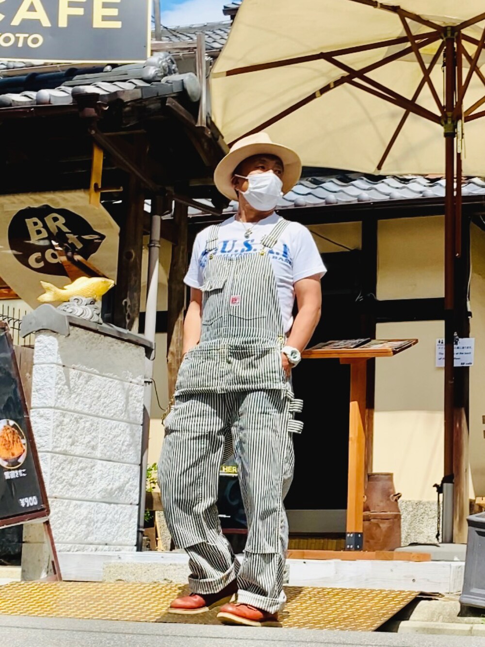 「カジュアル、Tシャツ、夏コーデ、オーバーオール、アメカジ」｜「TCB jeansのアイテム（オールインワン・サロペット、その他）」を使った、satozakkさん（メンズ・169cm）の夏コーディネートの1枚目の写真