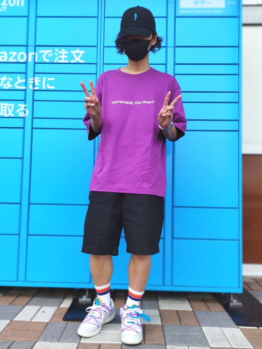 「休日スタイル、夏コーデ、プチプラ、ストリートコーデ、ストリート、短パン、ボーダーソックス、キャップ、スニーカー、dunk、off white、パープル、呪術廻戦、五条悟、ピース！」｜「GUのアイテム（キャップ、ブラック系）」を使った、Null-Ponさん（メンズ・164cm）の夏コーディネートの1枚目の写真