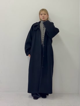 「KBF（ケイビーエフ）のステンカラーコクーンロングコート（ステンカラーコート、ブラック系）」を使った、serikaさん（レディース・153cm）の秋コーディネート