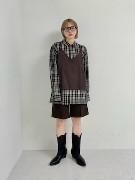 「KBF（ケイビーエフ）のビスチェSETチェックシャツ（シャツ/ブラウス、ブラック系）」を使った、serikaさん（レディース・153cm）の夏コーディネート