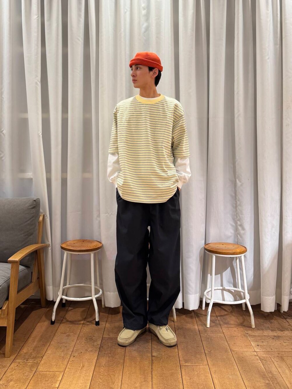 「カジュアル、urbanresearchdoors、ビーニー、アーバンリサーチドアーズ、newarrival、doors、stillbyhand、llbean、春カラーコーデ、暮らしを楽しむ」｜「URBAN RESEARCH DOORSのSSロールワッチ（ニットキャップ/ビーニー、オレンジ系）」を使った、Imuさん（メンズ・177cm）の春コーディネートの1枚目の写真