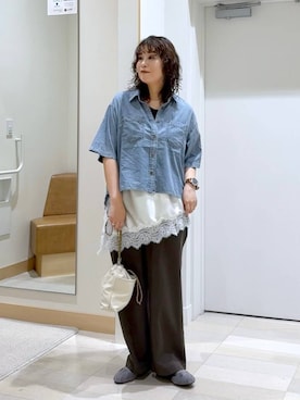 「GLOBAL WORK（グローバルワーク）のイージーケアリネンストレートパンツ/600994（その他パンツ、ブラウン系）」を使った、nonさんの春コーディネート