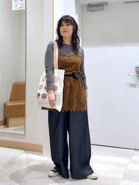 「GLOBAL WORK（グローバルワーク）のモールレースキャミチュニック/1042895（キャミソール、オレンジ系）」を使った、nonさんの秋コーディネート