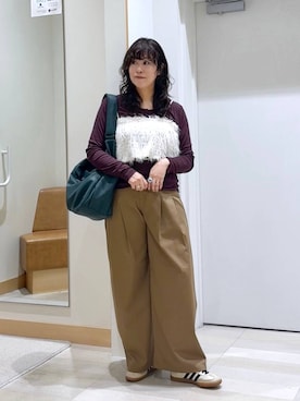 「GLOBAL WORK（グローバルワーク）のサラサラヘンリーネック長袖プルオーバー/1017895（Tシャツ/カットソー、レッド系）」を使った、nonさんの夏コーディネート