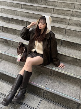 「アイテム（ボストンバッグ）」を使った、sayaさん（レディース・158cm）の秋コーディネート