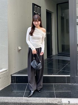 「CAPRICIEUX LE'MAGE（カプリシューレマージュ）の〈C.L〉起毛ドレープワンショルＴ（Tシャツ/カットソー、ホワイト系）」を使った、misaki_lemageさん（レディース・158cm）の夏コーディネート