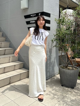 「CAPRICIEUX LE'MAGE（カプリシューレマージュ）の〈GOOD ROCK SPEED〉NYCスリーブレスTシャツ（Tシャツ/カットソー、ホワイト系）」を使った、misaki_lemageさん（レディース・158cm）の夏コーディネート