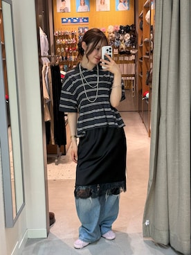 「LOWRYS FARM（ローリーズファーム）のワイドストレートデニムパンツ　607883（デニムパンツ、ブルー系）」を使った、hinaさん（レディース・156cm）の夏コーディネート
