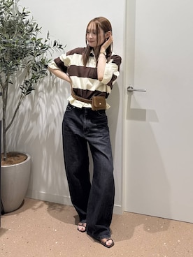 「LOWRYS FARM（ローリーズファーム）のワイドストレートデニムパンツ　607883（デニムパンツ、ブラック系）」を使った、hinaさん（レディース・156cm）の夏コーディネート