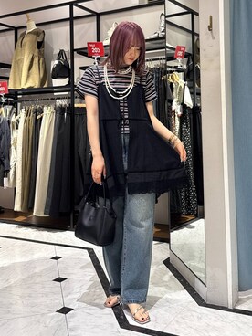 「LOWRYS FARM（ローリーズファーム）のパールタレンネックレス　249411（ネックレス）」を使った、hinaさん（レディース・156cm・20代）の夏コーディネート
