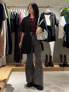 「PAGEBOY（ページボーイ）のヴィンテージバックルベルト（ベルト、ブラック系）」を使った、Ruuさん（レディース・158cm）の春コーディネート