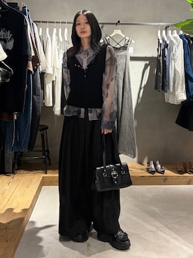 「PAGEBOY（ページボーイ）のMEGAワイドスラックス（スラックス、ブラック系）」を使った、Ruuさん（レディース・158cm）の夏コーディネート