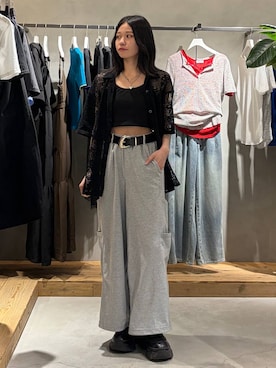 「PAGEBOY（ページボーイ）のカップツキFITキャミ（キャミソール、ブラック系）」を使った、Ruuさん（レディース・158cm）の夏コーディネート