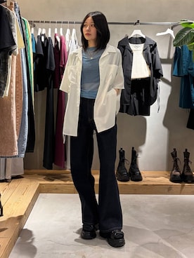 「PAGEBOY（ページボーイ）のクラシックストレート【3color/4size】（スラックス、ブルー系）」を使った、Ruuさん（レディース・158cm）の春コーディネート