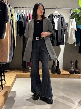 「PAGEBOY（ページボーイ）のモードバックルベルト3（ベルト、ブラック系）」を使った、Ruuさん（レディース・158cm）の春コーディネート