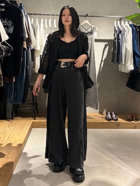 「PAGEBOY（ページボーイ）の＜まるでデニム見え！/紫外線カット/接触冷感/ストレッチ＞マルデニメガレッグパンツ（デニムパンツ、ブラック系）」を使った、Ruuさん（レディース・158cm）の夏コーディネート